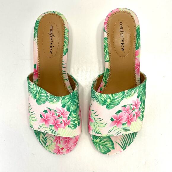 Comfortview Capri Wedge Slide Sandal Sz 8 WW Green & Pink Floral Espadrille New - Picture 4 of 16